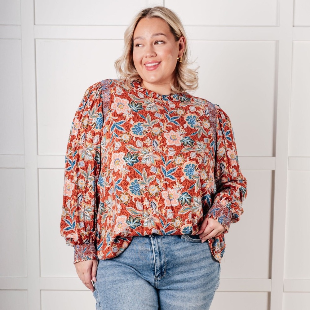 Savanna Jane Floral Smocked Long Sleeve Rayon Blouse Size 1X